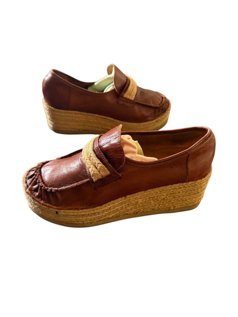 Vintage Sbicca Brown Leather Wedge Loafers With Braided Jute Trim Espadrille Sty - Picture 2 of 7